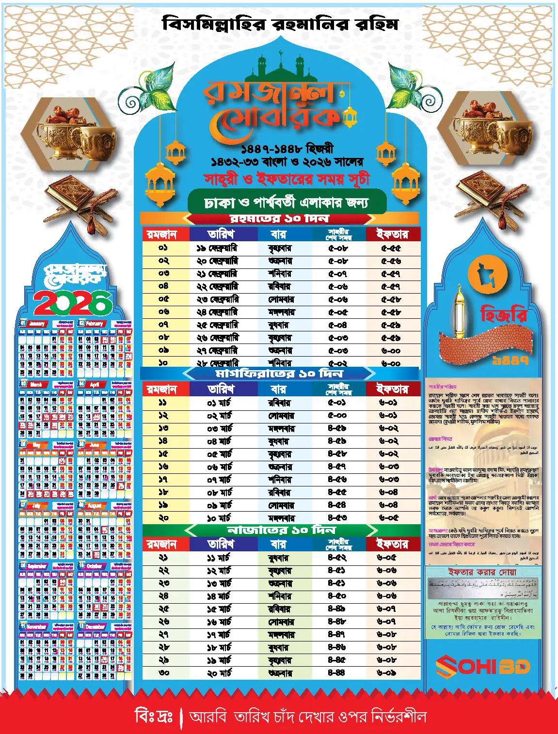 রমজান ক্যালেন্ডার ২০২৬: সাহরি ও ইফতারের সময়সূচি